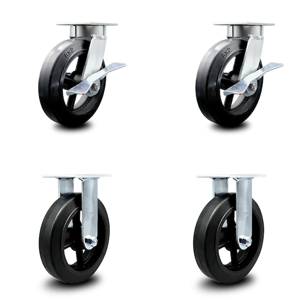 8 Inch Kingpinless Rubber on Steel Wheel Caster Brakes 2 Rigid SCC, 2PK